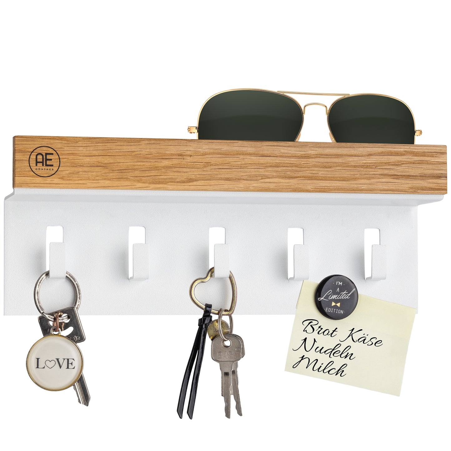 AE GÜNTHER® Schlüsselbrett Holz - Schlüsselhalter Schwarz Stahl - Schlüsselboard Eiche - Schlüssel organizer mit Ablage - Schlüsselanhänger - Schlüsselkasten -Wandorganizer - Schlüsselleiste (Weiß)