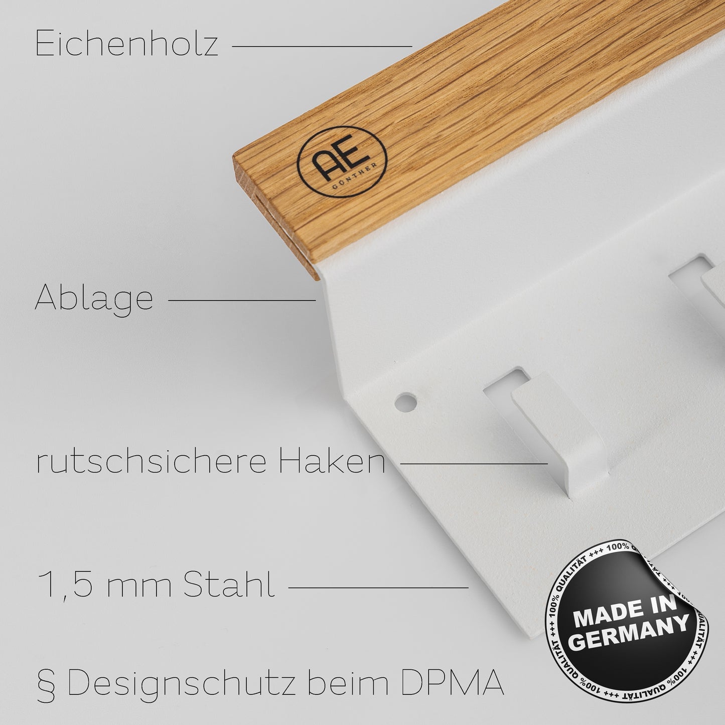 AE GÜNTHER® Schlüsselbrett Holz - Schlüsselhalter Schwarz Stahl - Schlüsselboard Eiche - Schlüssel organizer mit Ablage - Schlüsselanhänger - Schlüsselkasten -Wandorganizer - Schlüsselleiste (Weiß)