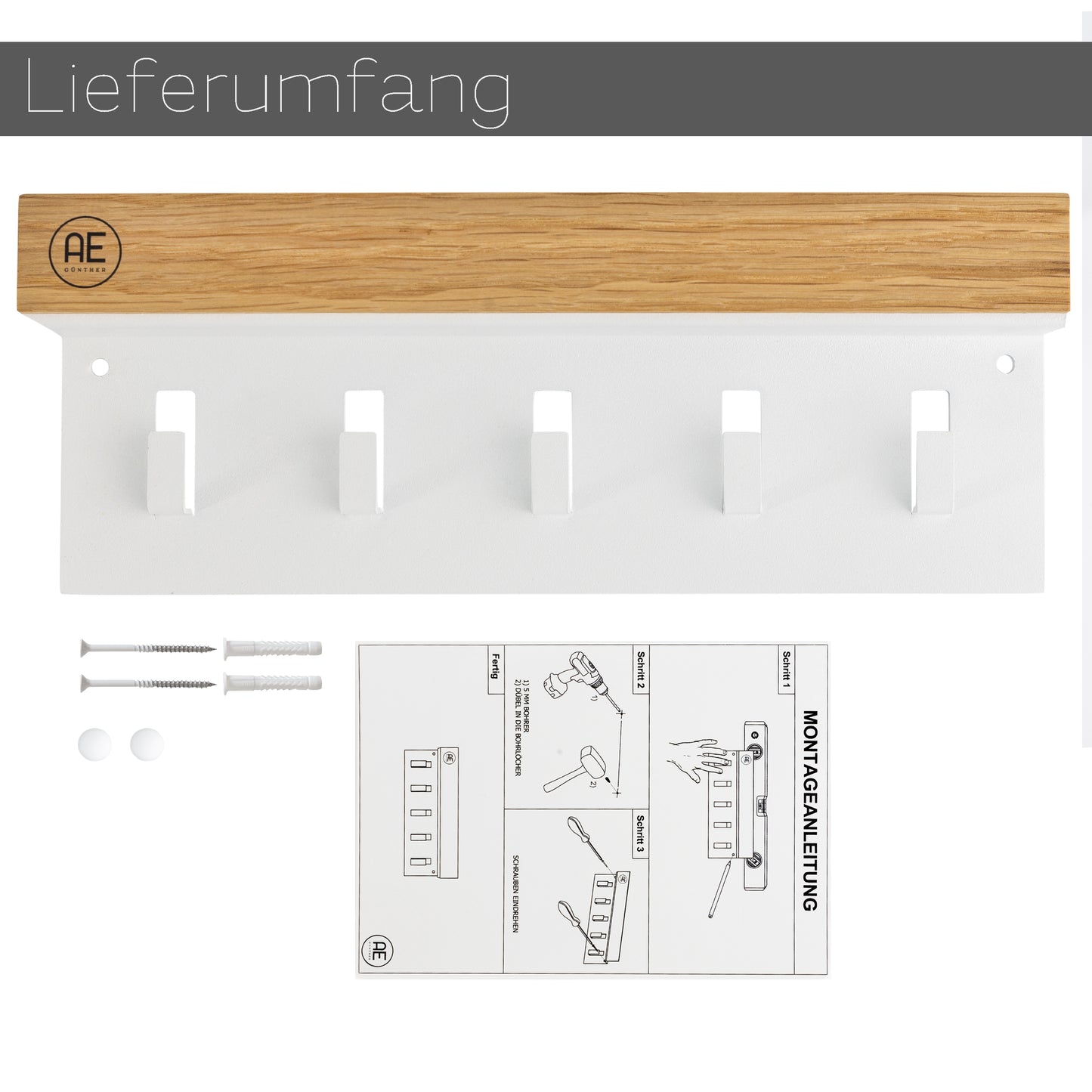 AE GÜNTHER® Schlüsselbrett Holz - Schlüsselhalter Schwarz Stahl - Schlüsselboard Eiche - Schlüssel organizer mit Ablage - Schlüsselanhänger - Schlüsselkasten -Wandorganizer - Schlüsselleiste (Weiß)