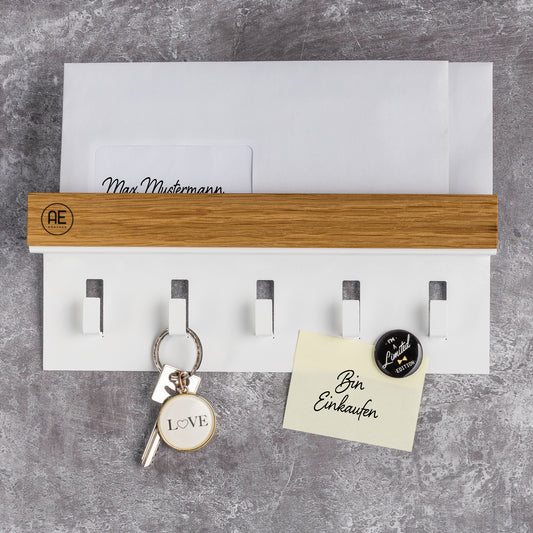 AE GÜNTHER® Schlüsselbrett Holz - Schlüsselhalter Schwarz Stahl - Schlüsselboard Eiche - Schlüssel organizer mit Ablage - Schlüsselanhänger - Schlüsselkasten -Wandorganizer - Schlüsselleiste (Weiß)