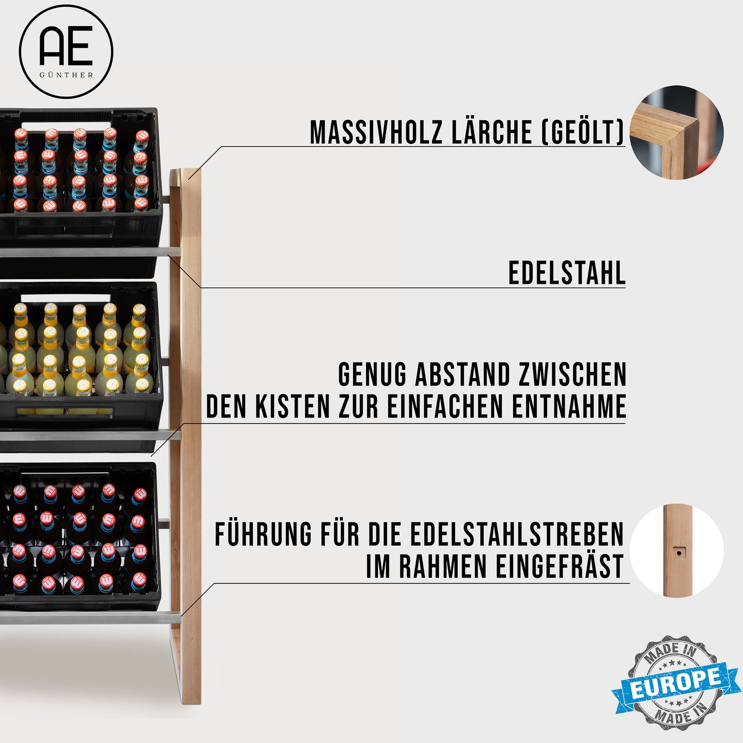 AE Günther® Getränkekistenregal Kistenregal Holz Getränkekistenhalter für 3 Wasserkisten Getränkeregal Getränkekisten Ständer MASSIVHOLZ (3 Kisten)