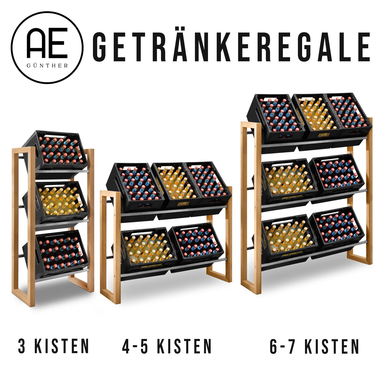 AE Günther® Getränkekistenregal Kistenregal Holz Getränkekistenhalter für 3 Wasserkisten Getränkeregal Getränkekisten Ständer MASSIVHOLZ (3 Kisten)