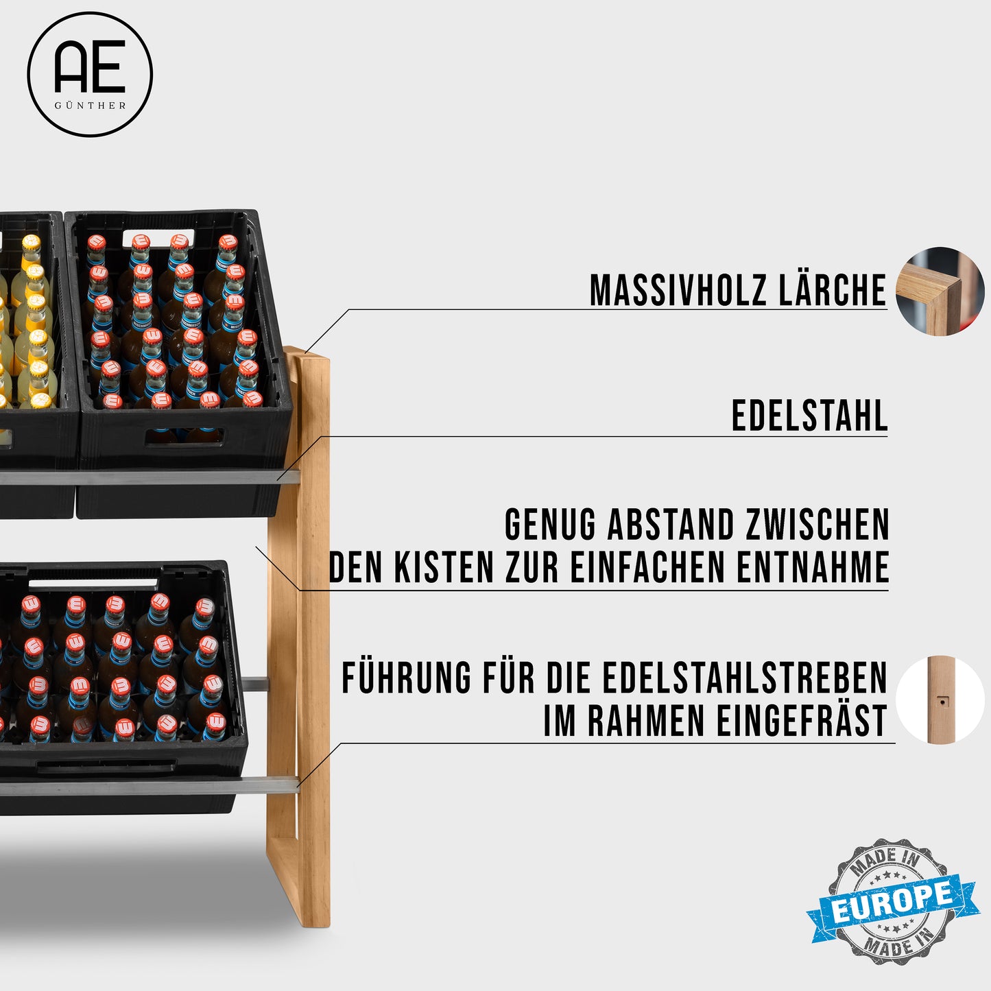 AE Günther® Getränkekistenregal Kistenregal Holz Getränkekistenhalter für 4-5 Wasserkisten Getränkeregal Getränkekisten Ständer MASSIVHOLZ (4-5 Kisten)