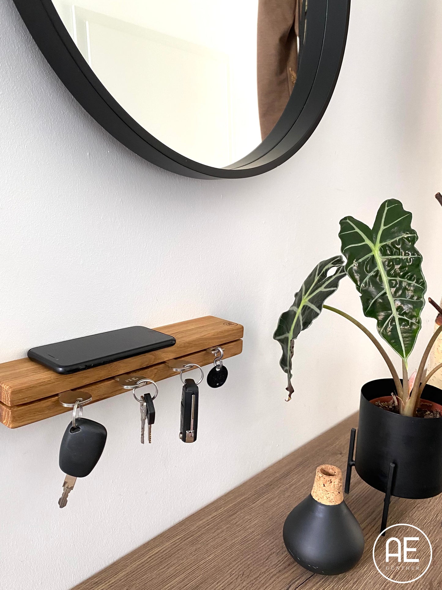 AE Günther® Schlüsselbrett Holz mit Ablage - Schlüsselboard - Schlüsselhalter Key Organizer Wand Aufbewahrung Wall (Ohne Magnet)