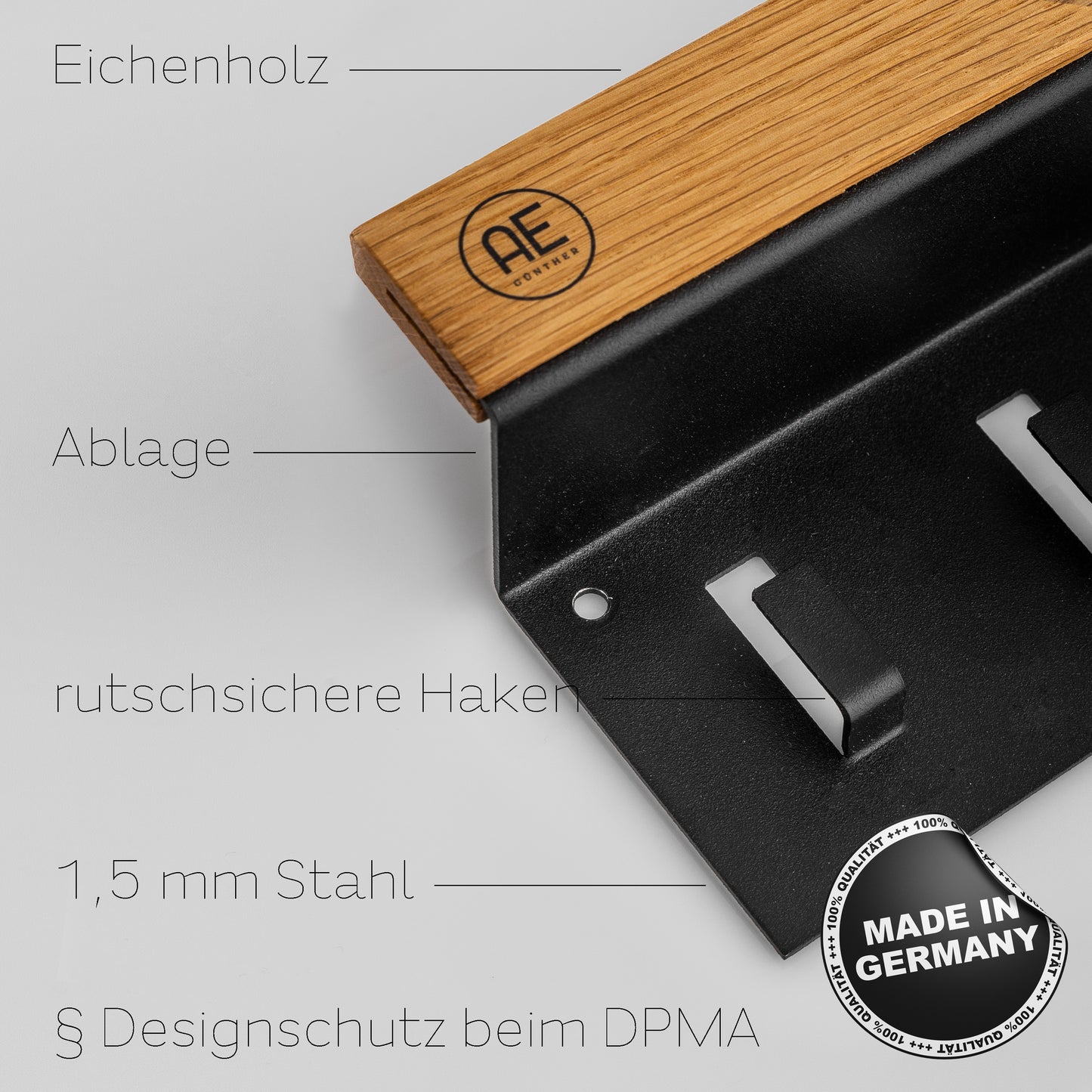 AE GÜNTHER® Schlüsselbrett Holz - Schlüsselhalter Schwarz Stahl - Schlüsselboard Eiche - Schlüssel organizer mit Ablage - Schlüsselanhänger - Schlüsselkasten -Wandorganizer - Schlüsselleiste (Schwarz)