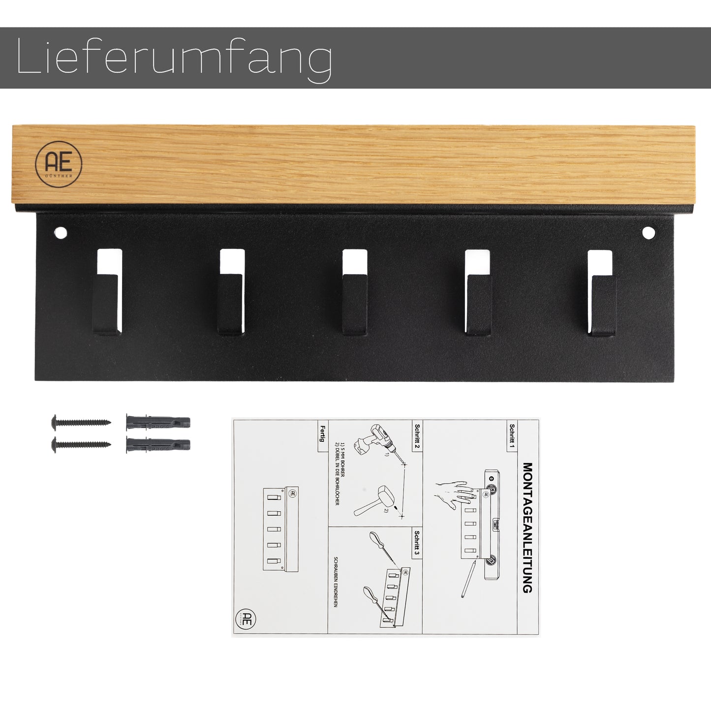 AE GÜNTHER® Schlüsselbrett Holz - Schlüsselhalter Schwarz Stahl - Schlüsselboard Eiche - Schlüssel organizer mit Ablage - Schlüsselanhänger - Schlüsselkasten -Wandorganizer - Schlüsselleiste (Schwarz)