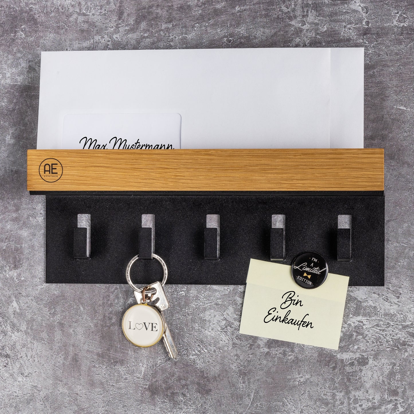 AE GÜNTHER® Schlüsselbrett Holz - Schlüsselhalter Schwarz Stahl - Schlüsselboard Eiche - Schlüssel organizer mit Ablage - Schlüsselanhänger - Schlüsselkasten -Wandorganizer - Schlüsselleiste (Schwarz)